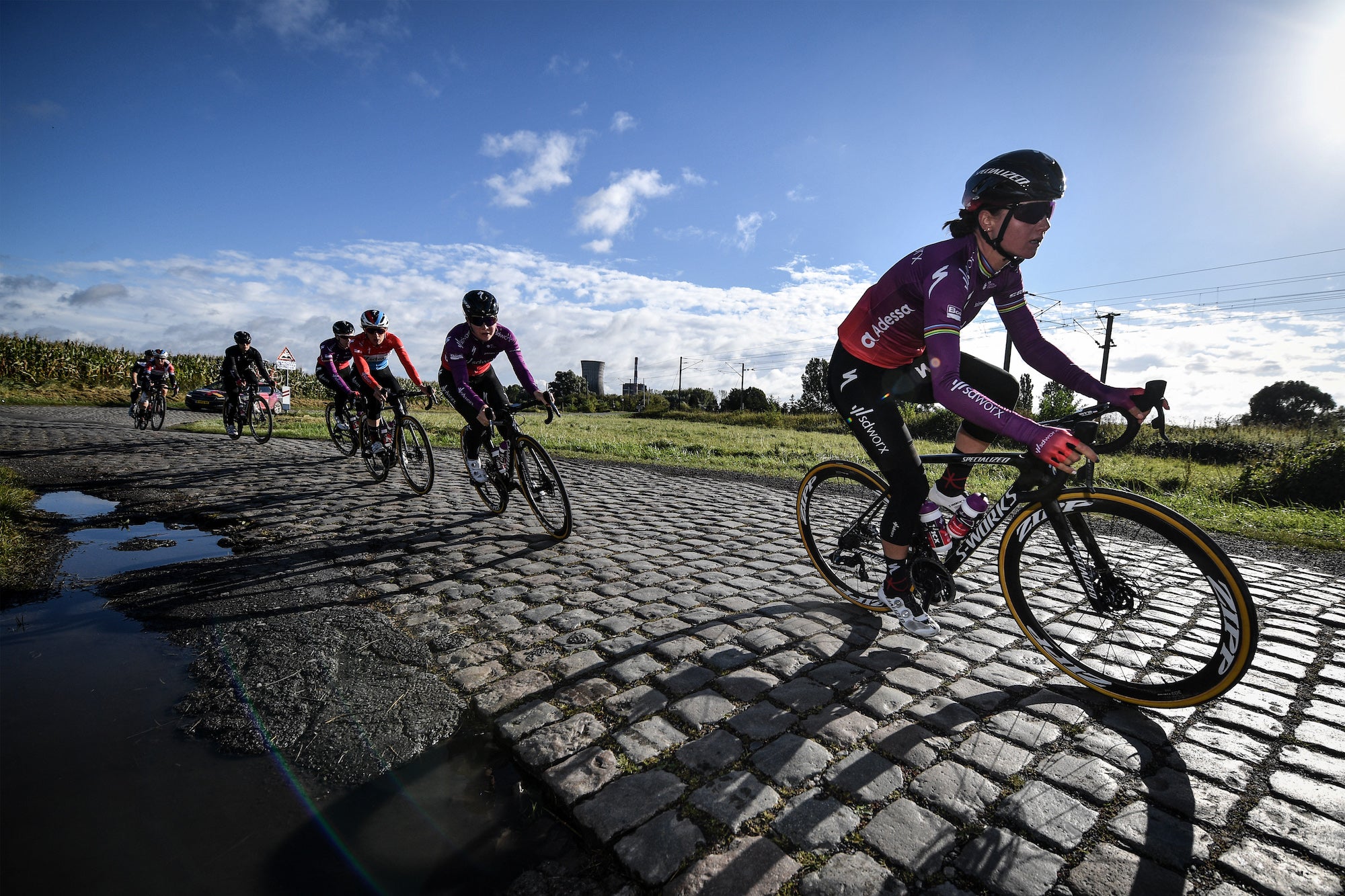 Dutch Chantal Blaak of Team SD Worx pictured in action during preparations ahead of the 118th edition of the 'Paris-Roubaix' one day cycling race, from Compiegne, near Paris to Roubaix, Wednesday 29 September 2021. Due to the ongoing corona virus pandemic, the 2020 edition was cancelled and the 2021 edition was postponed from spring to autumn. For the first time, there will be a women's race Paris-Roubaix as well. BELGA PHOTO DAVID STOCKMAN (Photo by DAVID STOCKMAN/BELGA MAG/AFP via Getty Images)