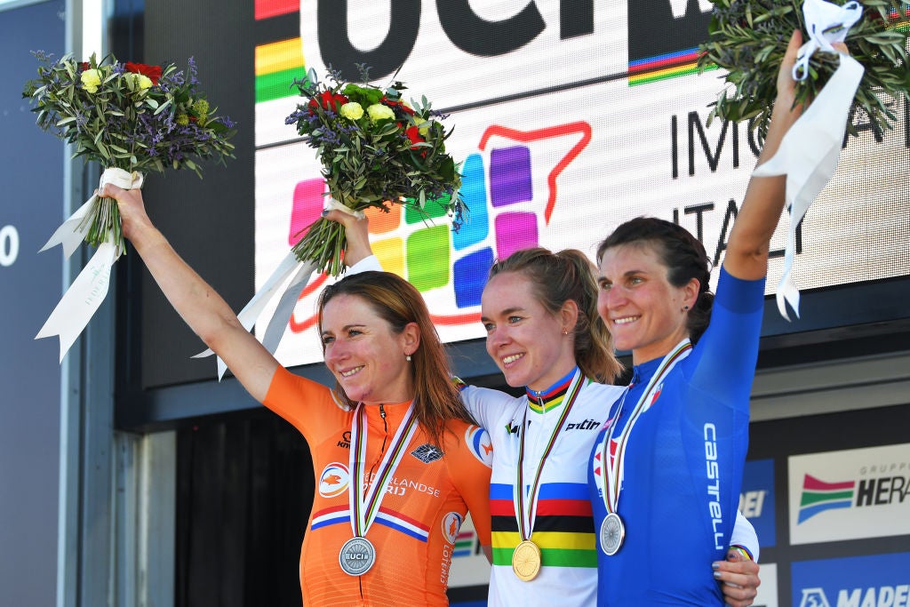 The podium for the 2020 road worlds women's road race