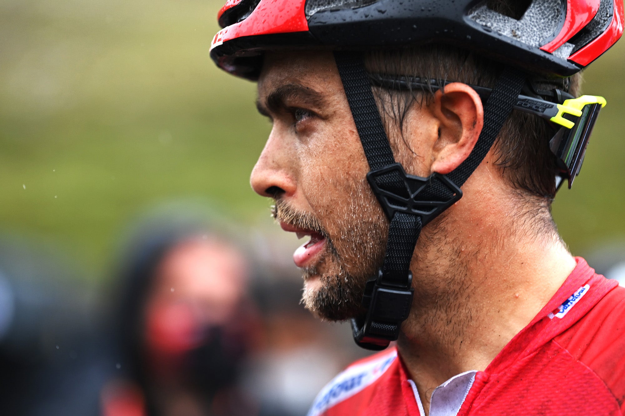LAGOS DE COVADONGA, SPAIN - SEPTEMBER 01: Odd Christian Eiking of Norway and Team Intermarché - Wanty - Gobert Matériaux Red Leader Jersey crosses the finishing line during the 76th Tour of Spain 2021, Stage 17 a 185,5km stage from Unquera to Lagos de Covadonga 1.085m / @lavuelta / #LaVuelta21 / on September 01, 2021 in Lagos de Covadonga, Spain. (Photo by Stuart Franklin/Getty Images)