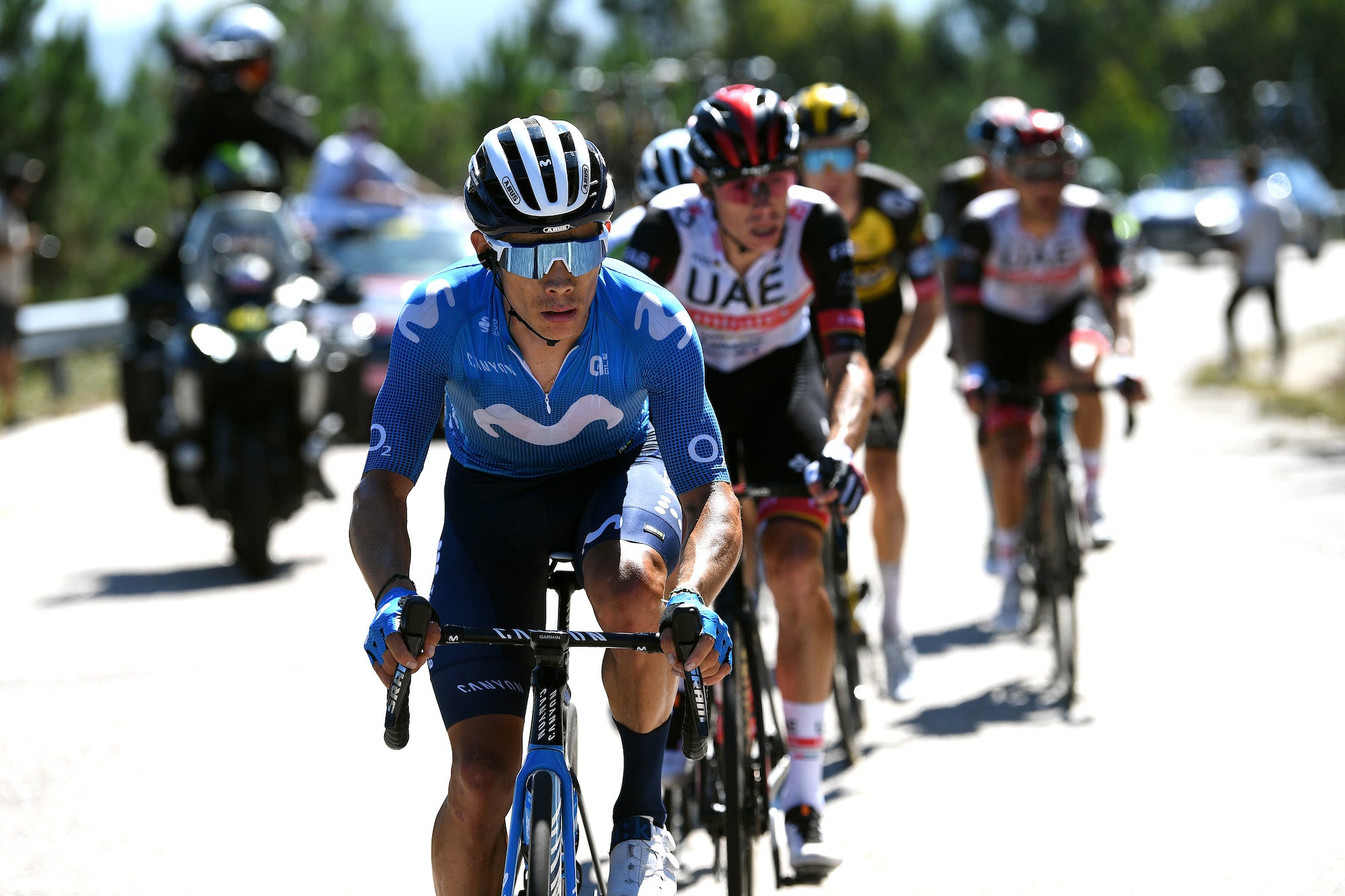 MOS, SPAIN - SEPTEMBER 04: Miguel Ángel López Moreno of Colombia and Movistar Team competes in the chase group during the 76th Tour of Spain 2021, Stage 20 a 202,2km km stage from Sanxenxo to Mos. Alto Castro de Herville 502m / @lavuelta / #LaVuelta21 / on September 04, 2021 in Mos, Spain. (Photo by Tim de Waele/Getty Images)