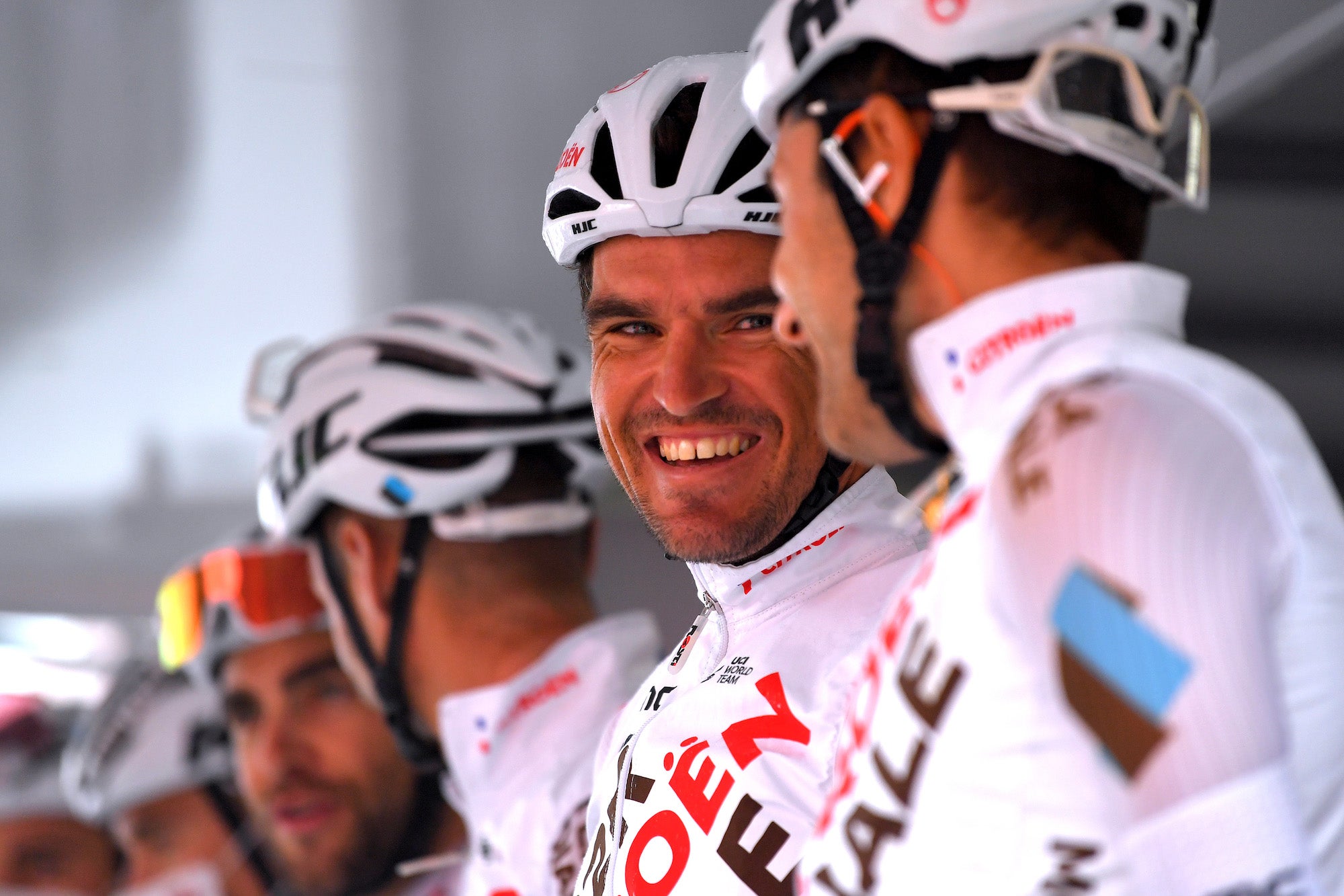 NAMUR, BELGIUM - SEPTEMBER 15: Greg Van Avermaet of Belgium and AG2R Citröen Team with teammates during the team presentation prior to the 61st Grand Prix de Wallonie 2021 a 208,1km race from Aywaille to Citadelle de Namur 199m / @tourdewallonie / on September 15, 2021 in Namur, Belgium. (Photo by Luc Claessen/Getty Images)