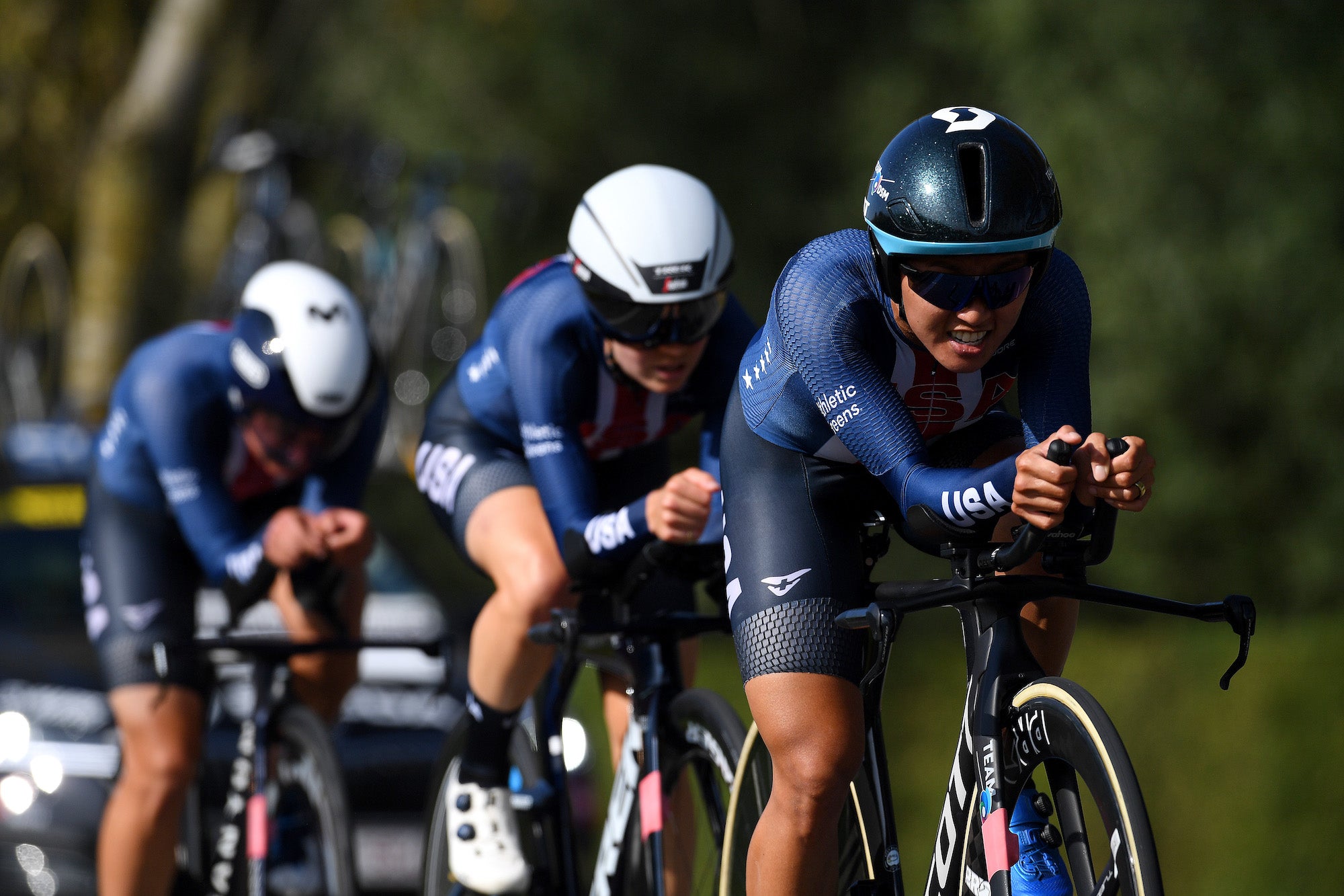 BRUGES, BELGIUM - SEPTEMBER 22: Coryn Rivera of United States sprints during the 94th UCI Road World Championships 2021 - Team Time Trial Mixed Relay a 44,5km race from Knokke-Heist to Bruges / #flanders2021 / TT / on September 22, 2021 in Bruges, Belgium. (Photo by Tim de Waele/Getty Images)