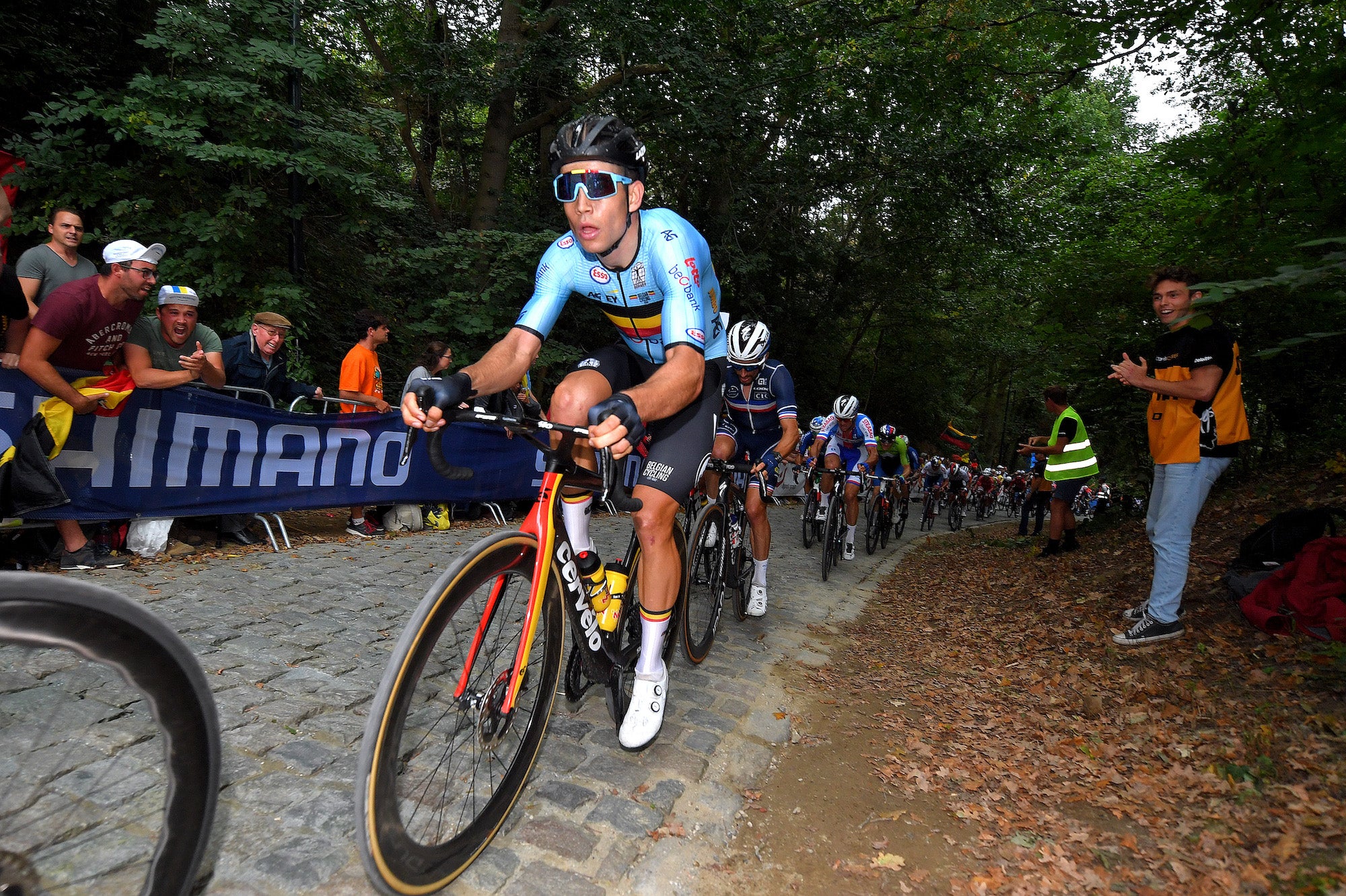 LEUVEN, BELGIUM - SEPTEMBER 26: Wout Van Aert of Belgium competes during the 94th UCI Road World Championships 2021 - Men Elite Road Race a 268,3km race from Antwerp to Leuven / #flanders2021 / on September 26, 2021 in Leuven, Belgium. (Photo by Luc Claessen/Getty Images)