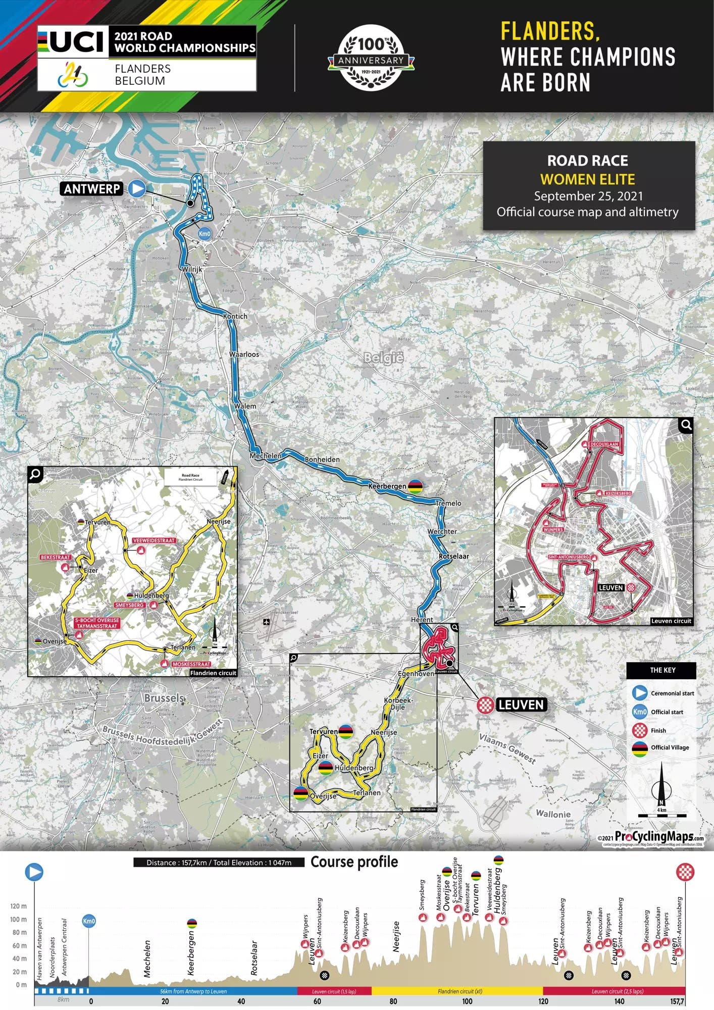 The route map and parcours for the women's road race