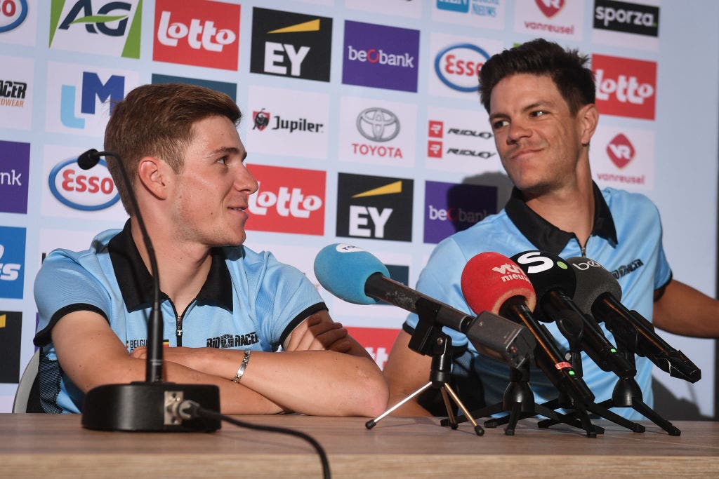 Belgian Remco Evenepoel and Belgian Jasper Stuyven pictured during a press conference on the fifth day of the UCI World Championships Road Cycling Flanders 2021, in Mechelen, on Thursday 23 September 2021. The Worlds take place from 19 to 26 September 2021, in several cities in Flanders, Belgium. BELGA PHOTO DAVID STOCKMAN (Photo by DAVID STOCKMAN/BELGA MAG/AFP via Getty Images)