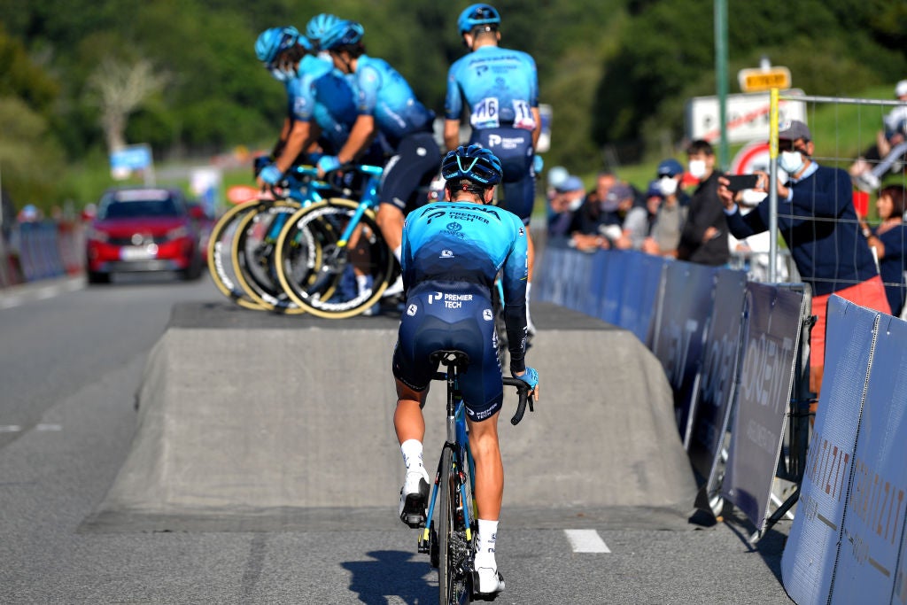PLOUAY FRANCE - AUGUST 29: Stefan De Bod of South Africa and Team Astana – Premier Tech and teammates during the team presentation prior to the 85th Bretagne Classic - Ouest-France 2021 a 251km race from Plouay to Plouay / @OuestFrance / on August 29, 2021 in Plouay, France. (Photo by Luc Claessen/Getty Images)