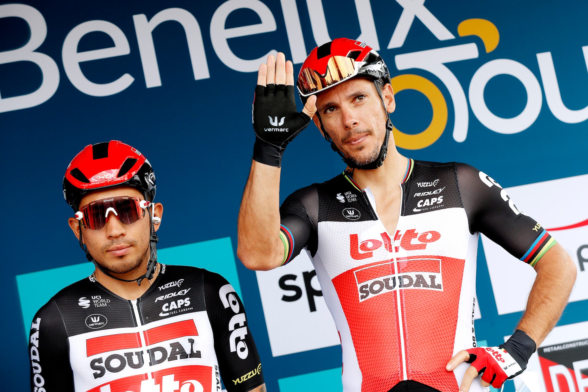 DOKKUM, NETHERLANDS - AUGUST 30: (L-R) Caleb Ewan of Australia and Philippe Gilbert of Belgium and Team Lotto Soudal during the team presentation prior to the 17th Benelux Tour 2021, Stage 1 a 169,6km stage from Surhuisterveen to Dokkum / @BeneluxTour / on August 30, 2021 in Dokkum, Netherlands. (Photo by Bas Czerwinski/Getty Images)