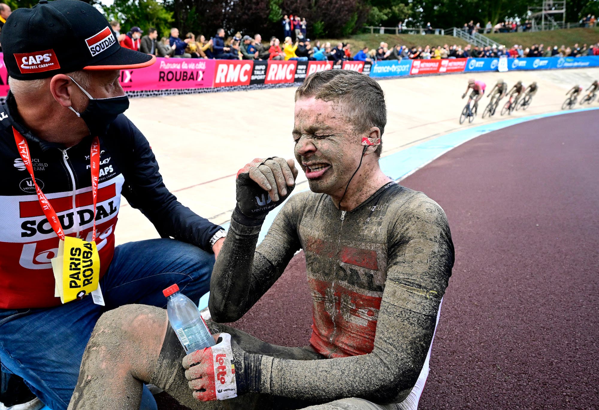 ROUBAIX, FRANCE - OCTOBER 03: Florian Vermeersch of Belgium and Team Lotto Soudal covered in mud cries after second place finish in the Roubaix Velodrome - Vélodrome André Pétrieux during the 118th Paris-Roubaix 2021 - Men's Eilte a 257,7km race from Compiègne to Roubaix / #ParisRoubaix / on October 03, 2021 in Roubaix, France. (Photo by Bernard Papon - Pool/Getty Images)