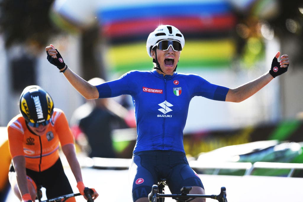 Elisa Balsamo celebrates as a disappointed Marianne Vos crosses the line