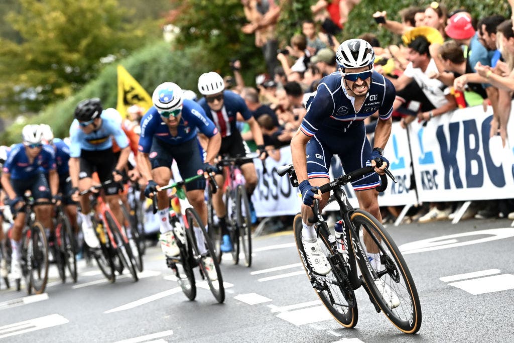 Julian Alaphilippe attacks on the way to victory at the world championships