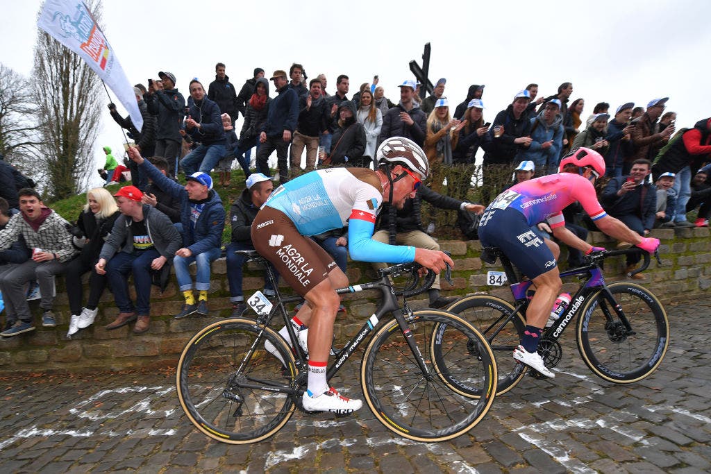 NINOVE, BELGIUM - MARCH 02: Silvan Dillier of Switzerland and Team AG2R La Mondiale / Wall of Geraardsbergen / De Muur / Fans / Public /during the 74th Omloop Het Nieuwsblad 2019 a 200km race from Gent to Ninove / FLanders Classics / @OmloopHNB / on March 02, 2019 in Ninove, Belgium. (Photo by )