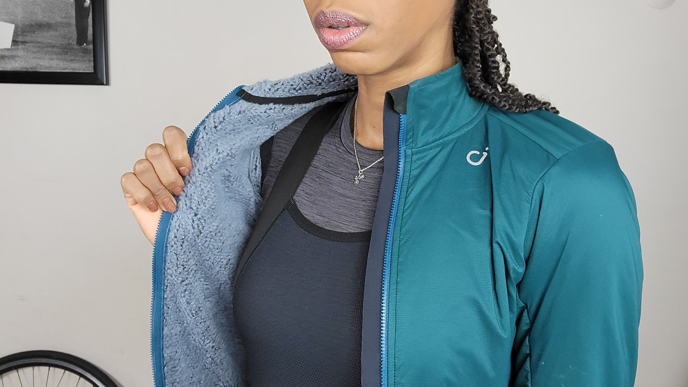 The Velocio Alpha Merino Air jacket interior of Polartec Alpha and exterior of Pertex Quantum materials make for a water-resistant and warm outer layer.