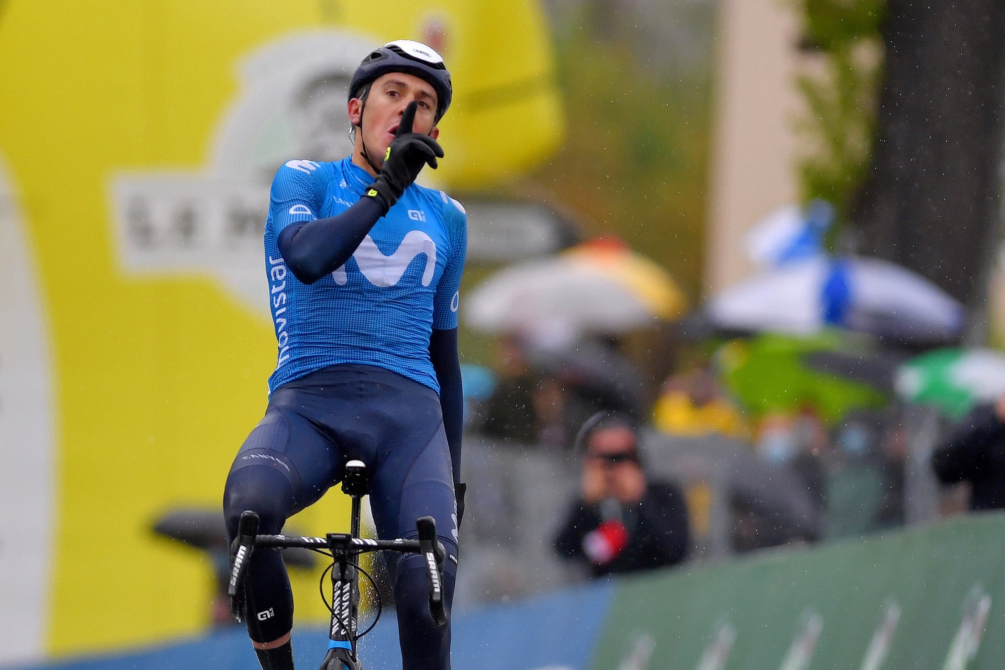 ESTAVAYER, SWITZERLAND - APRIL 30: Marc Soler Gimenez of Spain and Movistar Team celebrates at arrival during the 74th Tour De Romandie 2021, Stage 3 a 168,7km stage from Estavayer to Estavayer / #TDR2021 / #TDRnonstop / #UCIworldtour / on April 30, 2021 in Estavayer, Switzerland. (Photo by Luc Claessen/Getty Images)