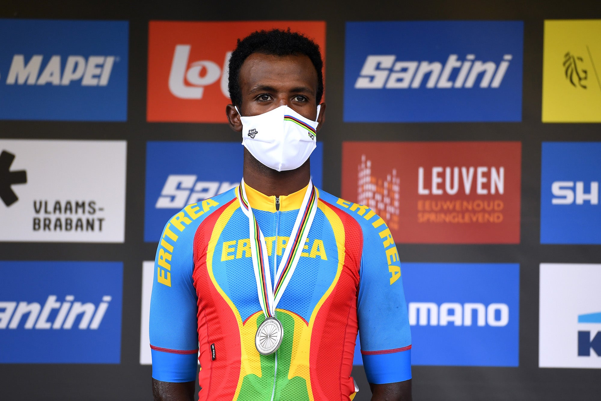 LEUVEN, BELGIUM - SEPTEMBER 24: Silver medalist Biniam Girmay of Eritrea celebrates winning during the medal ceremony after the 94th UCI Road World Championships 2021 - Men U23 Road Race a 160,9km race from Antwerp to Leuven / #flanders2021 / on September 24, 2021 in Leuven, Belgium. (Photo by Tim de Waele/Getty Images)