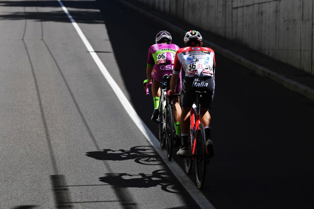 CATTOLICA, ITALY - MAY 12: Umberto Marengo of Italy and Bardiani CSF Faizanè – Pro Team &amp; Filippo Tagliani of Italy and Team Androni Giocattoli - Sidermec on breakaway during the 104th Giro d'Italia 2021, Stage 5 a 177km stage from Modena to Cattolica / Detail view / @girodiitalia / #Giro / on May 12, 2021 in Cattolica, Italy. (Photo by Tim de Waele/Getty Images)