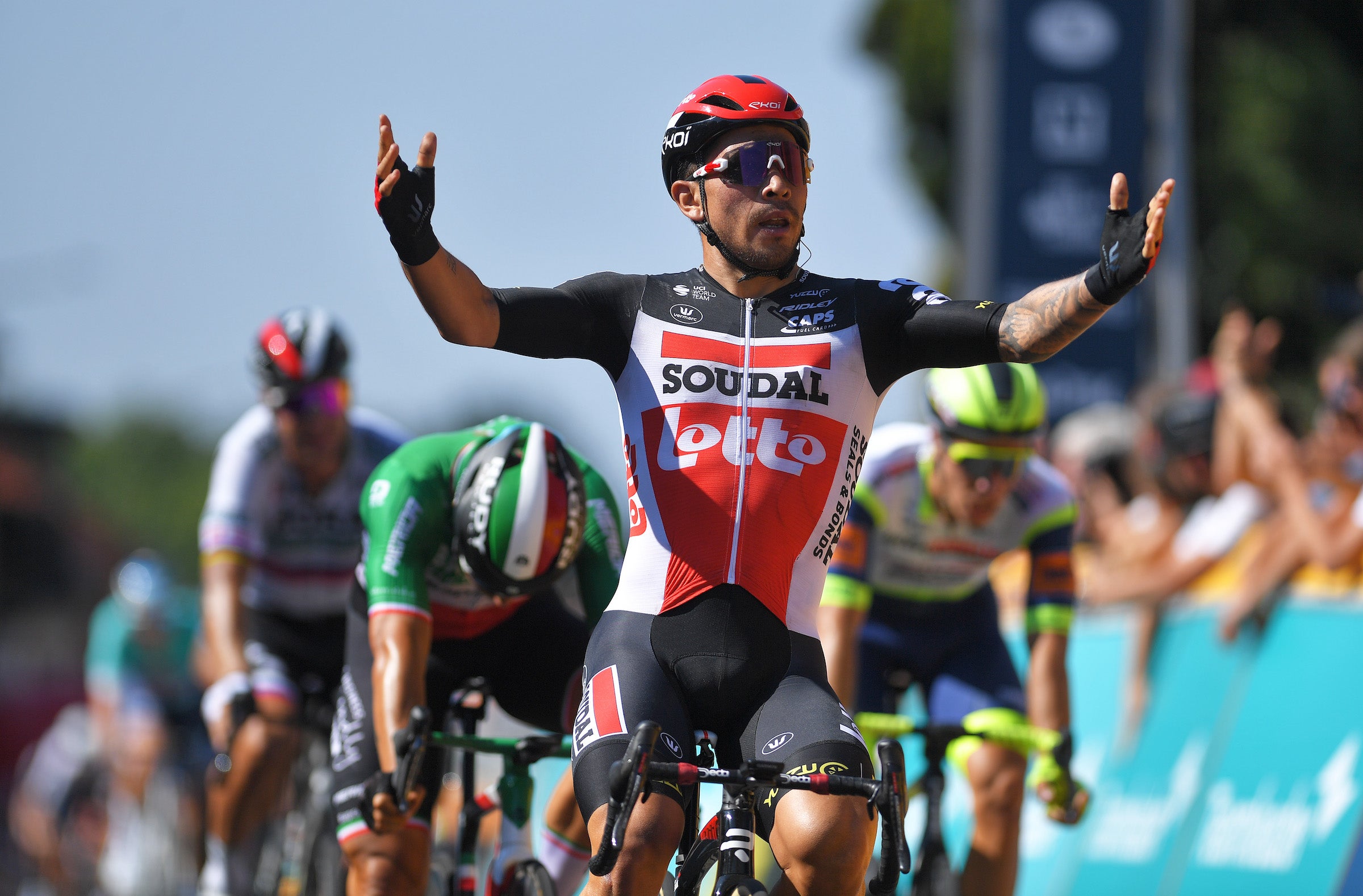 BILZEN, BELGIUM - SEPTEMBER 03: Caleb Ewan of Australia and Team Lotto Soudal celebrates winning ahead of Sonny Colbrelli of Italy and Team Bahrain Victorious during the 17th Benelux Tour 2021, Stage 5 a 188km stage from Riemst to Bilzen / @BeneluxTour / on September 03, 2021 in Bilzen, Belgium. (Photo by Luc Claessen/Getty Images)