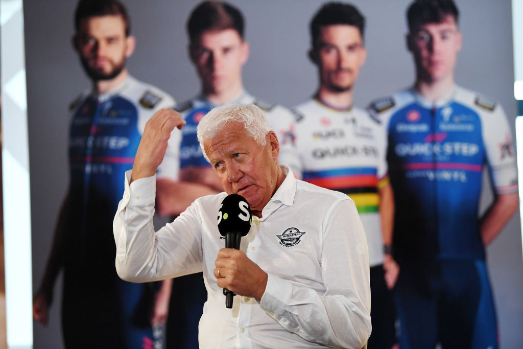 CALPE, SPAIN - JANUARY 10: Patrick Lefevere of Belgium CEO Team manager speaks to the media press during the Quick-Step Alpha Vinyl Team 2022 - Media Day on January 10, 2022 in Calpe, Spain. (Photo by Tim de Waele/Getty Images)