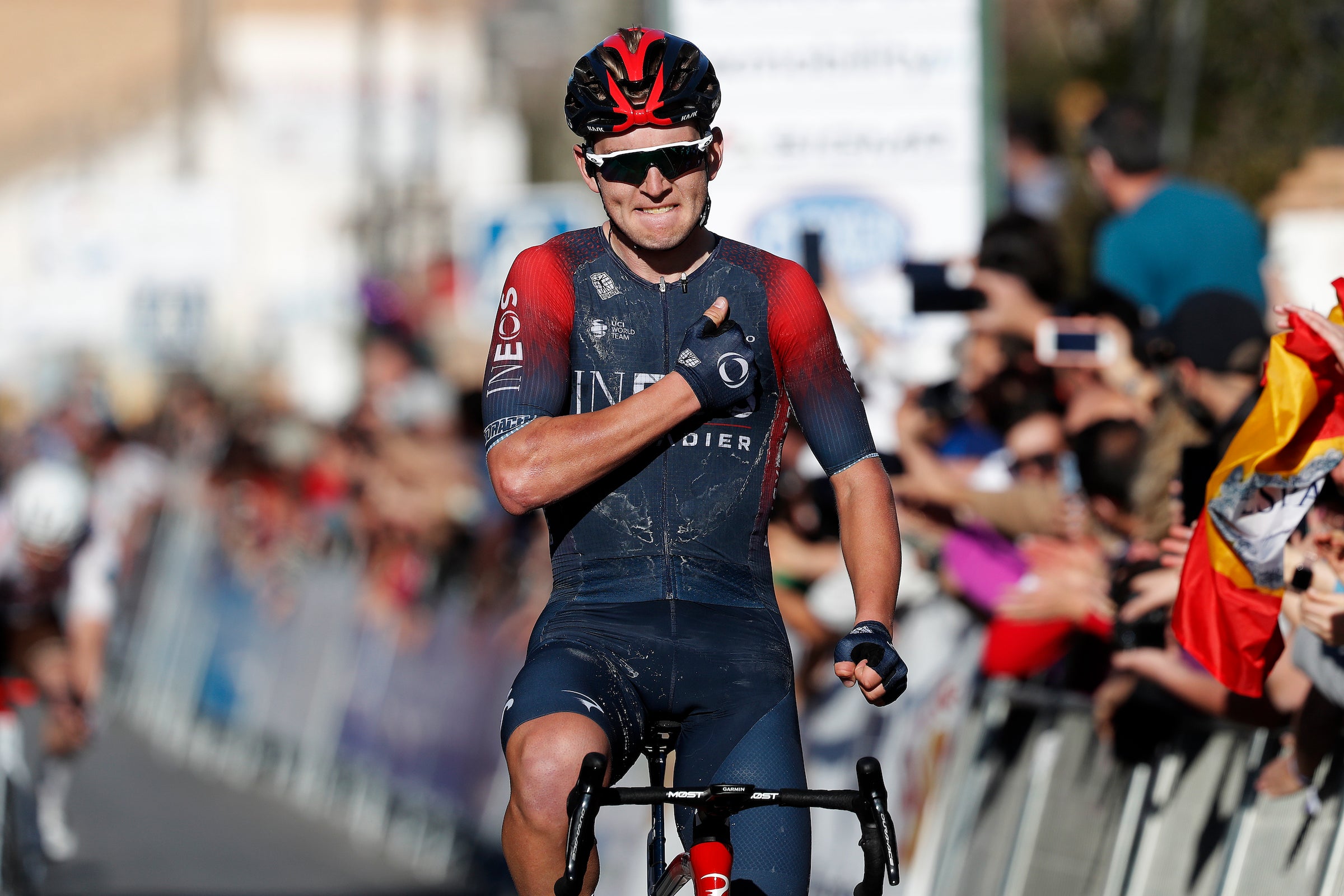 OTURA, SPAIN - FEBRUARY 18: Magnus Sheffield of United States and Team INEOS Grenadiers celebrates winning during the 68th Vuelta A Andalucia - Ruta Del Sol 2022 - Stage 3 a 153,2km stage from Lucena to Otura / #68RdS / on February 18, 2022 in Otura, Spain. (Photo by Bas Czerwinski/Getty Images)