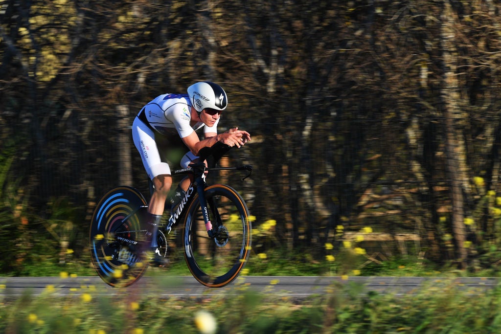 TAVIRA, PORTUGAL - FEBRUARY 19: Remco Evenepoel of Belgium and Team Quick-Step - Alpha Vinyl White Best Young Rider Jersey sprints during the 48th Volta Ao Algarve 2022 - Stage 4 a 32,2km individual time trial from Vila Real de Santo António to Tavira / #VAlgarve2022 / on February 19, 2022 in Tavira, Portugal. (Photo by Luc Claessen/Getty Images)