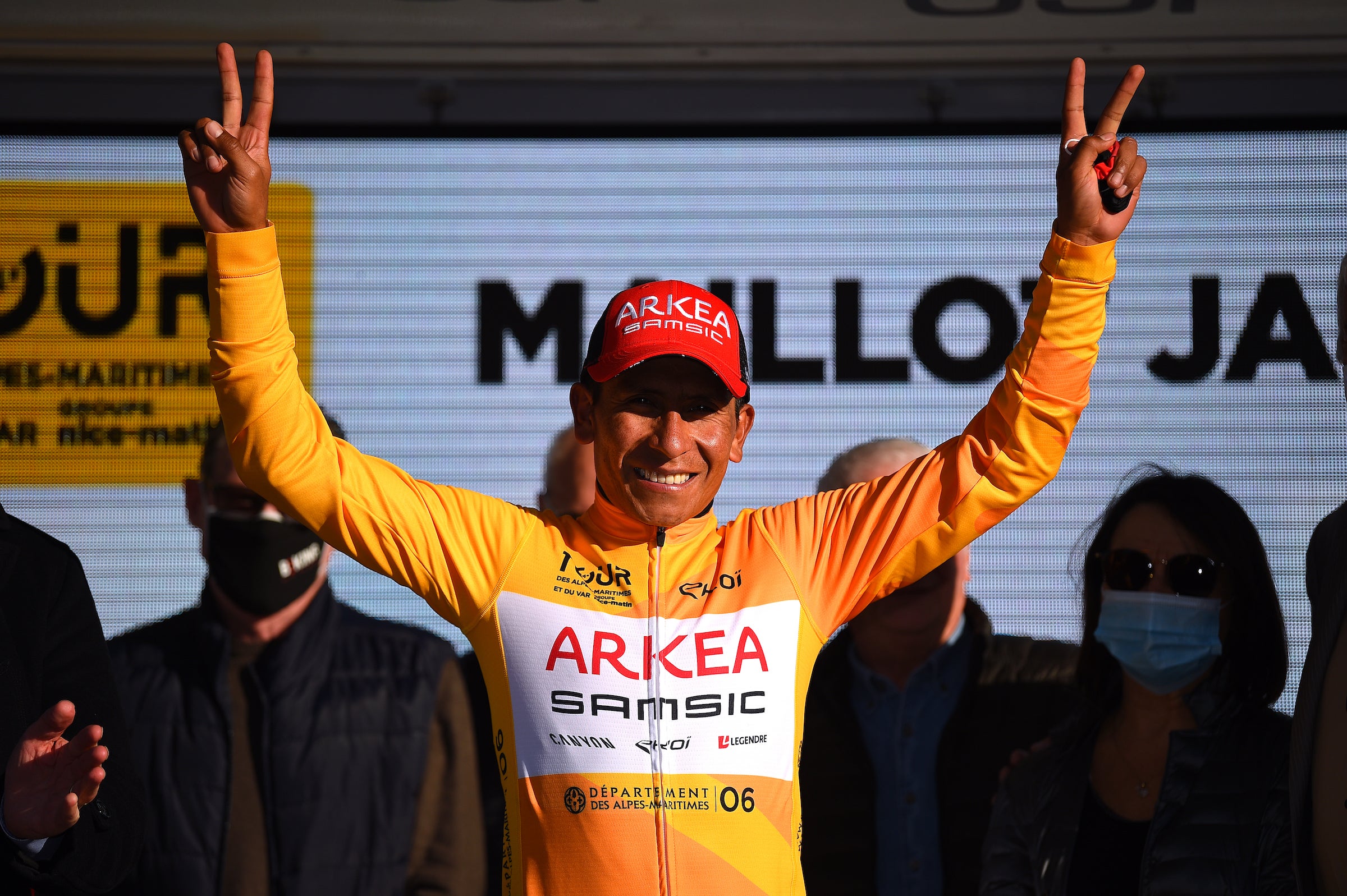 BLAUSASC, FRANCE - FEBRUARY 20: Nairo Alexander Quintana Rojas of Colombia and Team Arkéa - Samsic celebrates at podium as Yellow Leader Jersey winner during the 54th Tour Des Alpes Maritimes Et Du Var - Stage 3 a 112,6km stage from Villefranche sur Mer to Blausasc on February 20, 2022 in Blausasc, France. (Photo by Dario Belingheri/Getty Images)