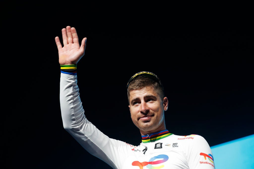 NINOVE, BELGIUM - FEBRUARY 26: Peter Sagan of Slovakia and Team Total Energies during the team presentation prior to the 77th Omloop Het Nieuwsblad 2022 - Men's Race a 204,2km race from Ghent to Ninove / #OHN22 / @FlandersClassic / #WorldTour / on February 26, 2022 in Ninove, Belgium. (Photo by Bas Czerwinski/Getty Images)