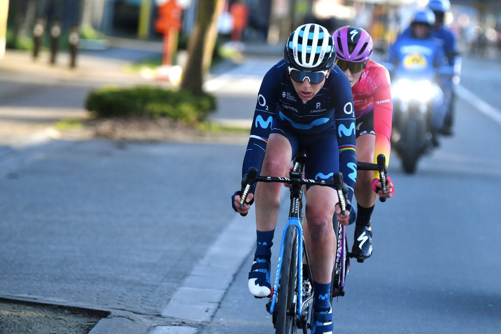 NINOVE, BELGIUM - FEBRUARY 26: Demi Vollering of Netherlands and Team SD Worx and Annemiek Van Vleuten of Netherlands and Movistar Team Women compete in the breakaway during the 17th Omloop Het Nieuwsblad 2022 - Women's Race a 128km race from Ghent to Ninove / #OHN22 / @FlandersClassic / #WorldTour / on February 26, 2022 in Ninove, Belgium. (Photo by Luc Claessen/Getty Images)