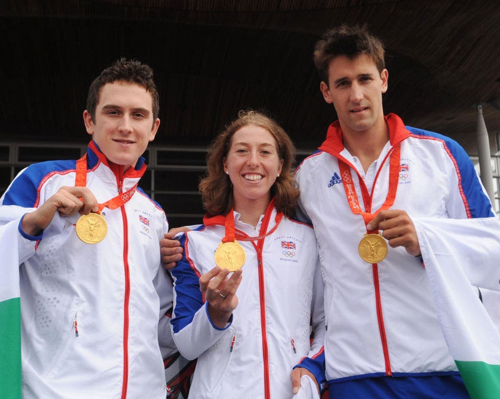 Geraint Thomas with Nicole Cooke and rower Tom James after the 2008 Olympics
