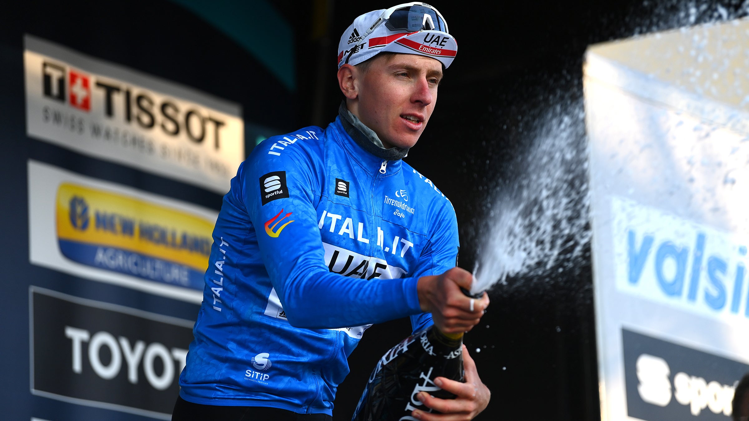 Tadej Pogačar on the podium after stage 4 of the 2022 Tirreno-Adriatico