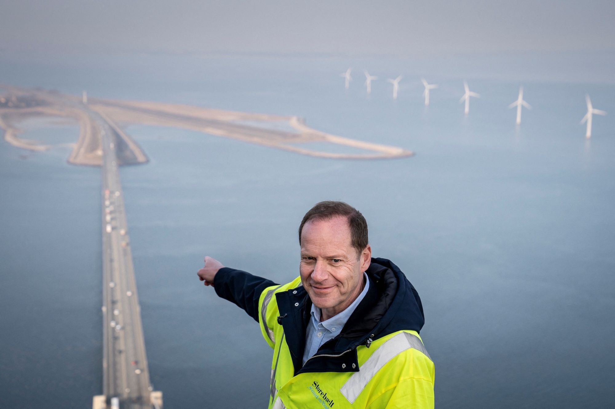 Tour de France director Christian Prudhomme is pictured during a visit of the pylons on The Great Belt Bridge, near Korsoer