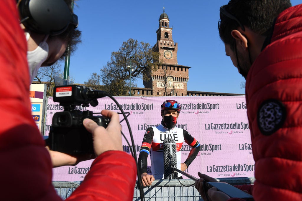 SANREMO, ITALY - MARCH 20: Start / Matteo Trentin of Italy and UAE Team Emirates during the 112th Milano-Sanremo 2021 a 299km race from Milano to Sanremo / Piazza Castello Milan City / Press / Media / Social distancing / Mask / Covid Safety Measures / #MilanoSanremo / La Classicissima / #UCIWT / on March 20, 2021 in Sanremo, Italy. (Photo by Tim de Waele/Getty Images)