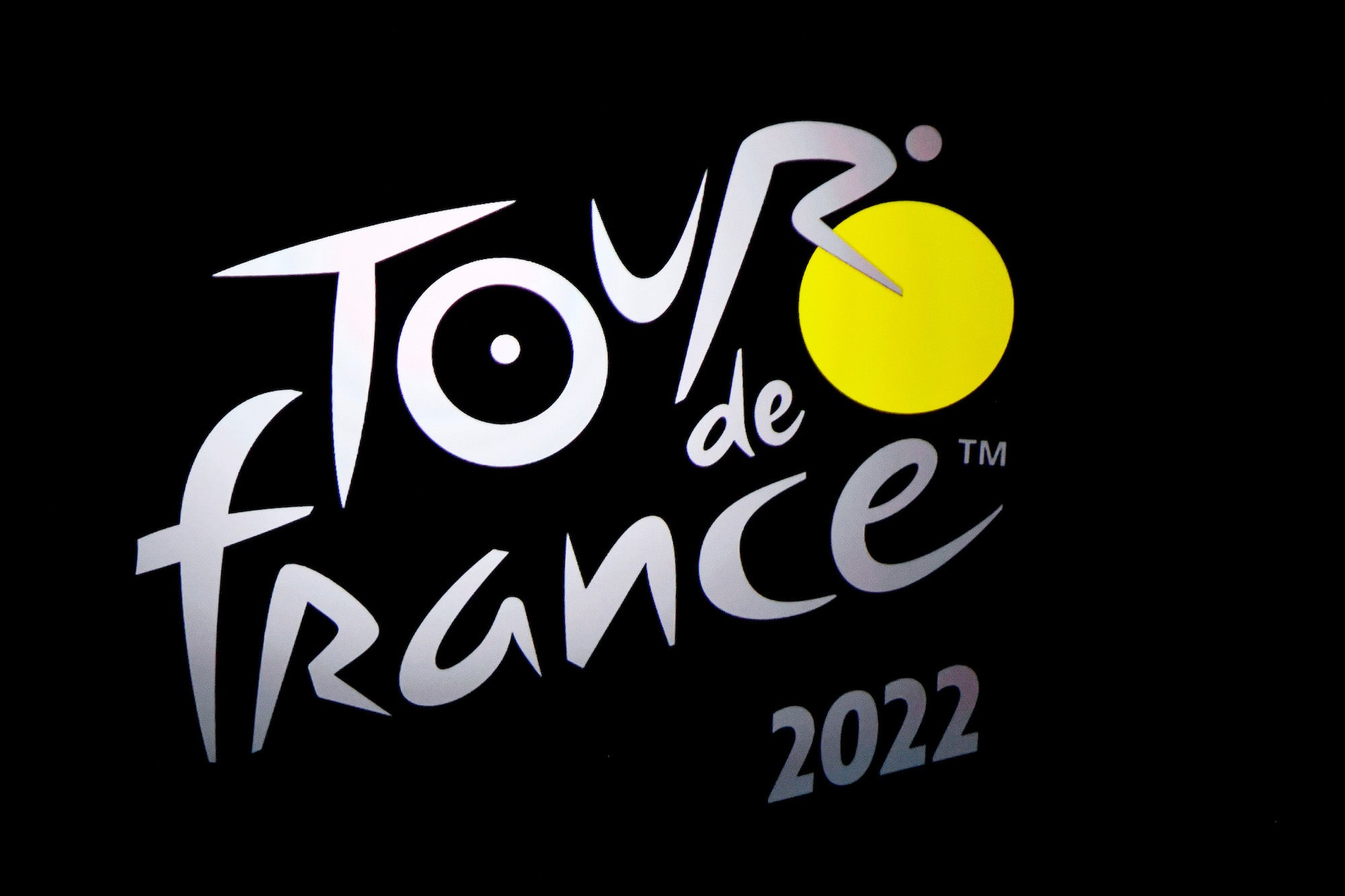 PARIS, FRANCE - OCTOBER 14: Detailed view of the Tour de France logo during the 109th Tour de France 2022 And 1st Tour de France Femmes 2022 - Route Presentation / #TDF2022 / @LeTour / on October 14, 2021 in Paris, France. (Photo by Luc Claessen/Getty Images)