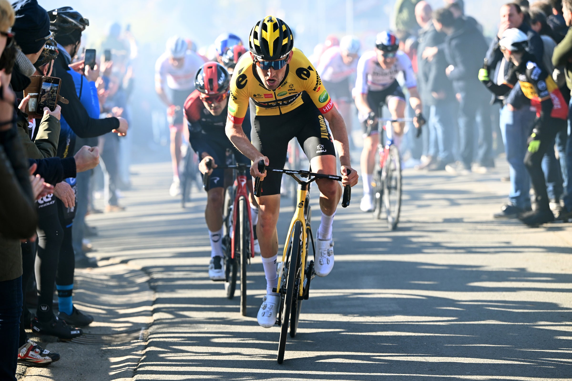 NINOVE, BELGIUM - FEBRUARY 26: Tiesj Benoot of Belgium and Team Jumbo - Visma competes during the 77th Omloop Het Nieuwsblad 2022 - Men's Race a 204,2km race from Ghent to Ninove / #OHN22 / @FlandersClassic / #WorldTour / on February 26, 2022 in Ninove, Belgium. (Photo by Vincent Kalut - Pool/Getty Images)