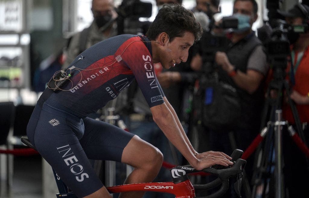Egan Bernal riding at a Zwift event in Colombia