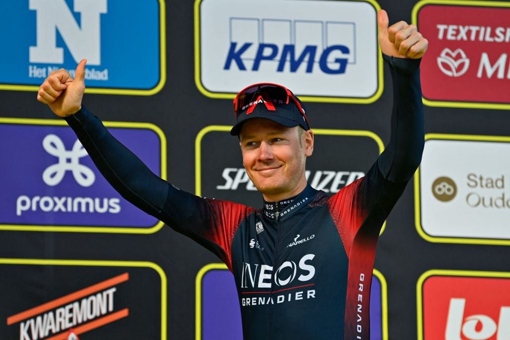 Dylan van Baarle on the podium at the Tour of Flanders