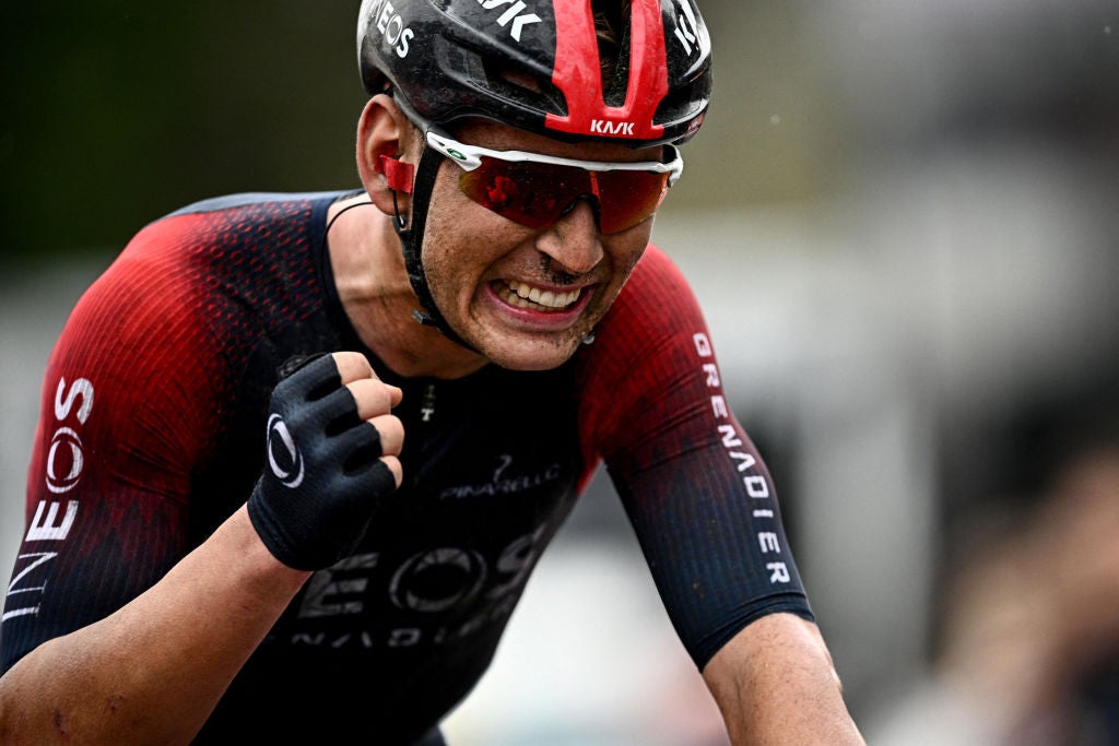 Sheffield celebrates as he comes across the finish line.