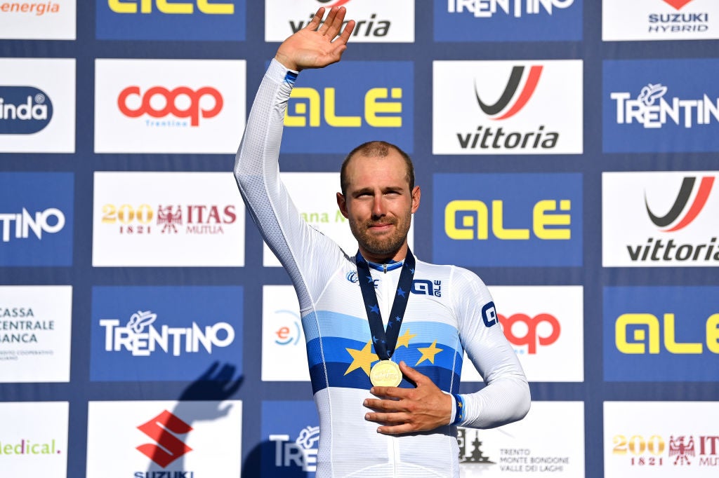 TRENTO, ITALY - SEPTEMBER 12: Sonny Colbrelli of Italy poses with the gold medal after the 27th UEC Road Cycling European Championships 2021, Elite Men's Road Race a 179,2km race from Trento-Piazza Duomo to Trento-Piazza Duomo / @UEC_cycling / on September 12, 2021 in Trento, Italy. (Photo by Justin Setterfield/Getty Images)