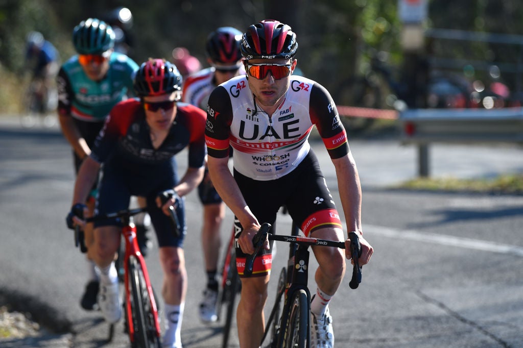 SAN MARINO, ITALY - MARCH 24: Ben Tulett of United Kingdom and Team INEOS Grenadiers and Marc Hirschi of Switzerland and UAE Team Emirates compete in the breakaway during the 36th Settimana Internazionale Coppi e Bartali 2022 - Stage 3 a 147,1km stage from San Marino to San Marino 648m / #CoppieBartali / on March 24, 2022 in San Marino, Italy. (Photo by Dario Belingheri/Getty Images)