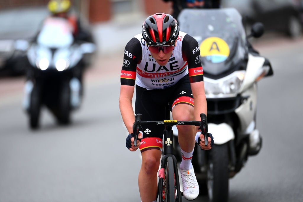 WAREGEM, BELGIUM - MARCH 30: Tadej Pogacar of Slovenia and UAE Team Emirates attacks during the 76th Dwars Door Vlaanderen 2022 - Men's Elite a 183,7km one day race from Roeselare to Waregem / #DDV22 / #DDVmen / #WorldTour / on March 30, 2022 in Waregem, Belgium. (Photo by Tim de Waele/Getty Images)