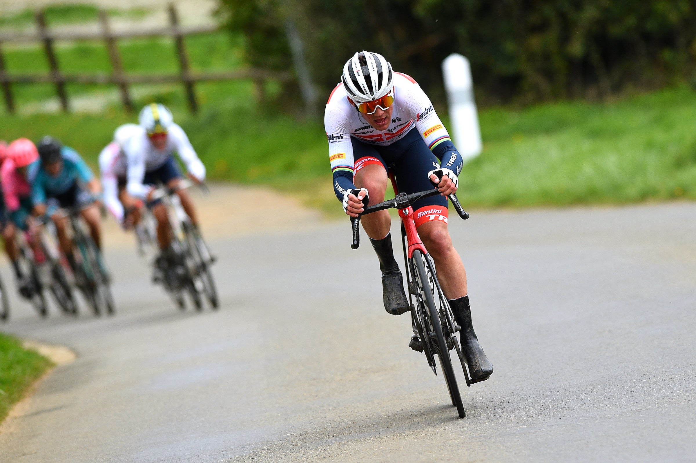 MAMERS, FRANCE - APRIL 05: Mads Pedersen of Denmark and Team Trek - Segafredo attacks to win the 68th Circuit Cycliste Sarthe - Pays de la Loire 2022 - Stage 1 a 192,3km stage from Mamers to Mamers / #CircuitSarthe / on April 05, 2022 in Mamers, France. (Photo by Dario Belingheri/Getty Images)