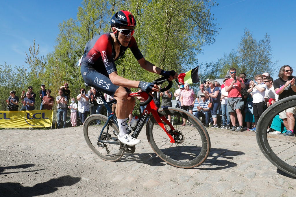 ROUBAIX, FRANCE - APRIL 17: Ben Turner of United Kingdom and Team INEOS Grenadiers competes in the chase group passing through a cobblestones sector during the 119th Paris-Roubaix 2022 - Men's Elite a 257,2km one day race from Compiègne to Roubaix / #ParisRoubaix / #WorldTour / on April 17, 2022 in Roubaix, France. (Photo by Bas Czerwinski/Getty Images)