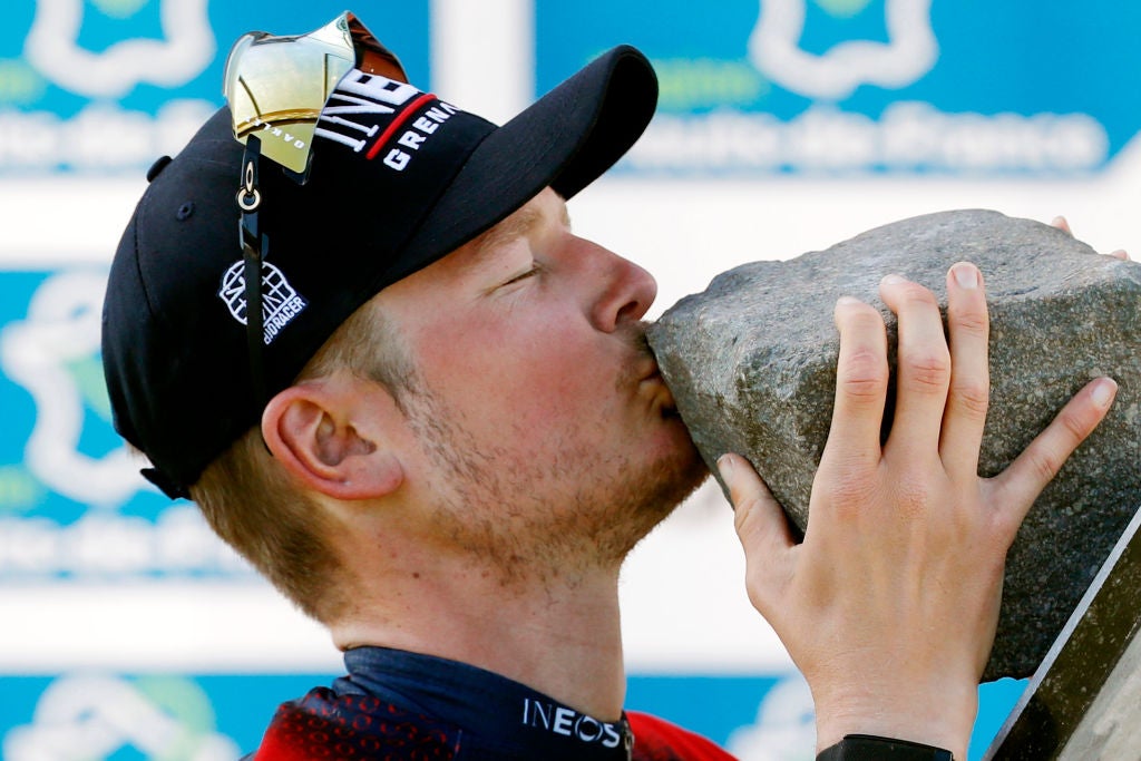 Dylan van Baarle celebrates victory at Paris-Roubaix.