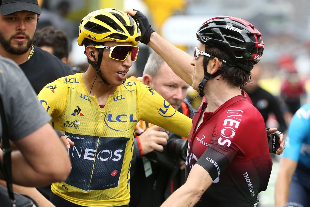 VAL THORENS, FRANCE - JULY 27: Yellow jersey Egan Bernal Gomez of Colombia and Team Ineos is congratulated by teammate and title holder Geraint Thomas of Great Britain and Team Ineos just after the finish line during stage 20 of the 106th Tour de France 2019, a stage from Albertville to Val Thorens (59km) on July 27, 2019 in Val Thorens, France. (Photo by Jean Catuffe/Getty Images)