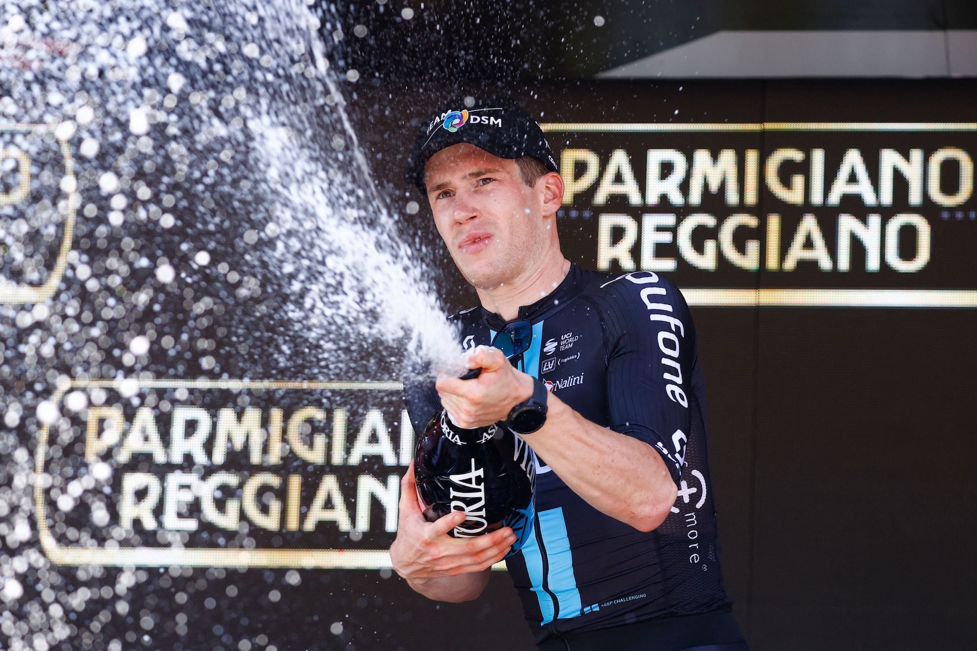 Alberto Dainese celebrates his stage victory Wednesday.