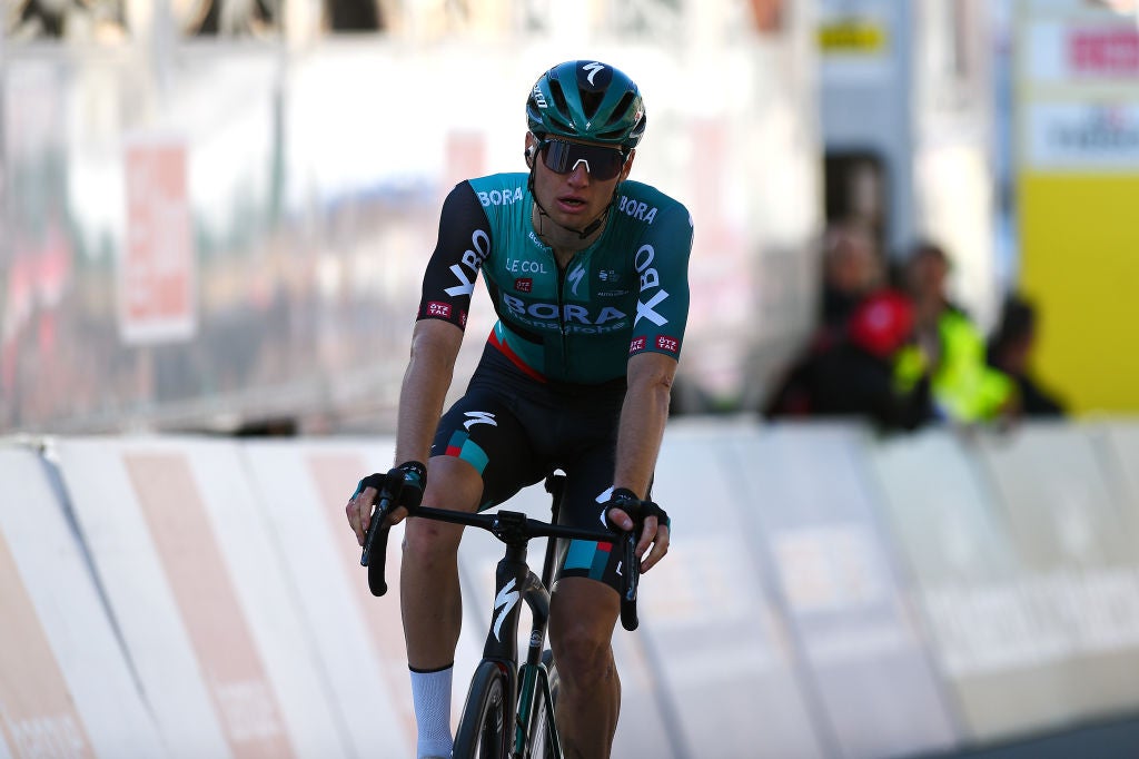 ROMONT, SWITZERLAND - APRIL 27: Aleksander Vlasov of Russia and Bora - Hansgrohe Team reacts after cross the finishing line during the 75th Tour De Romandie 2022 - Stage 1 a 178km stage from La Grande Beroche to Romont 777m / #TDR2022 / on April 27, 2022 in Romont, Switzerland. (Photo by Dario Belingheri/Getty Images)