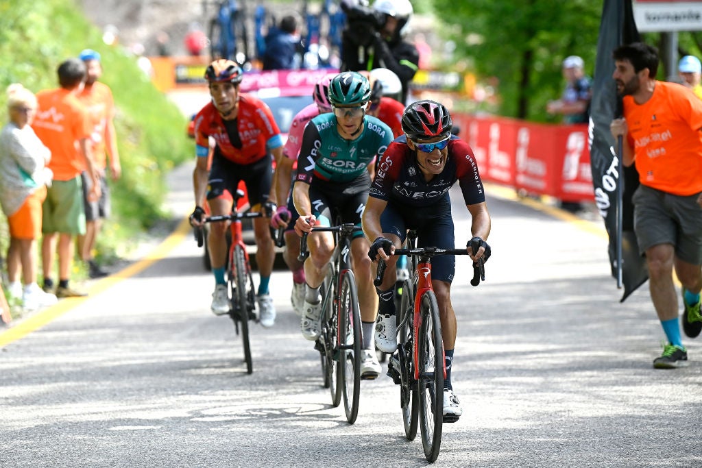 LAVARONE, ITALY - MAY 25: (L-R) Jai Hindley of Australia and Team Bora - Hansgrohe and Richie Porte of Australia and Team INEOS Grenadiers compete during the 105th Giro d'Italia 2022, Stage 17 a 168 km stage from Ponte di Legno to Lavarone 1161m / #Giro / #WorldTour / on May 25, 2022 in Lavarone, Italy. (Photo by Fabio Ferrari - Pool/Getty Images,)