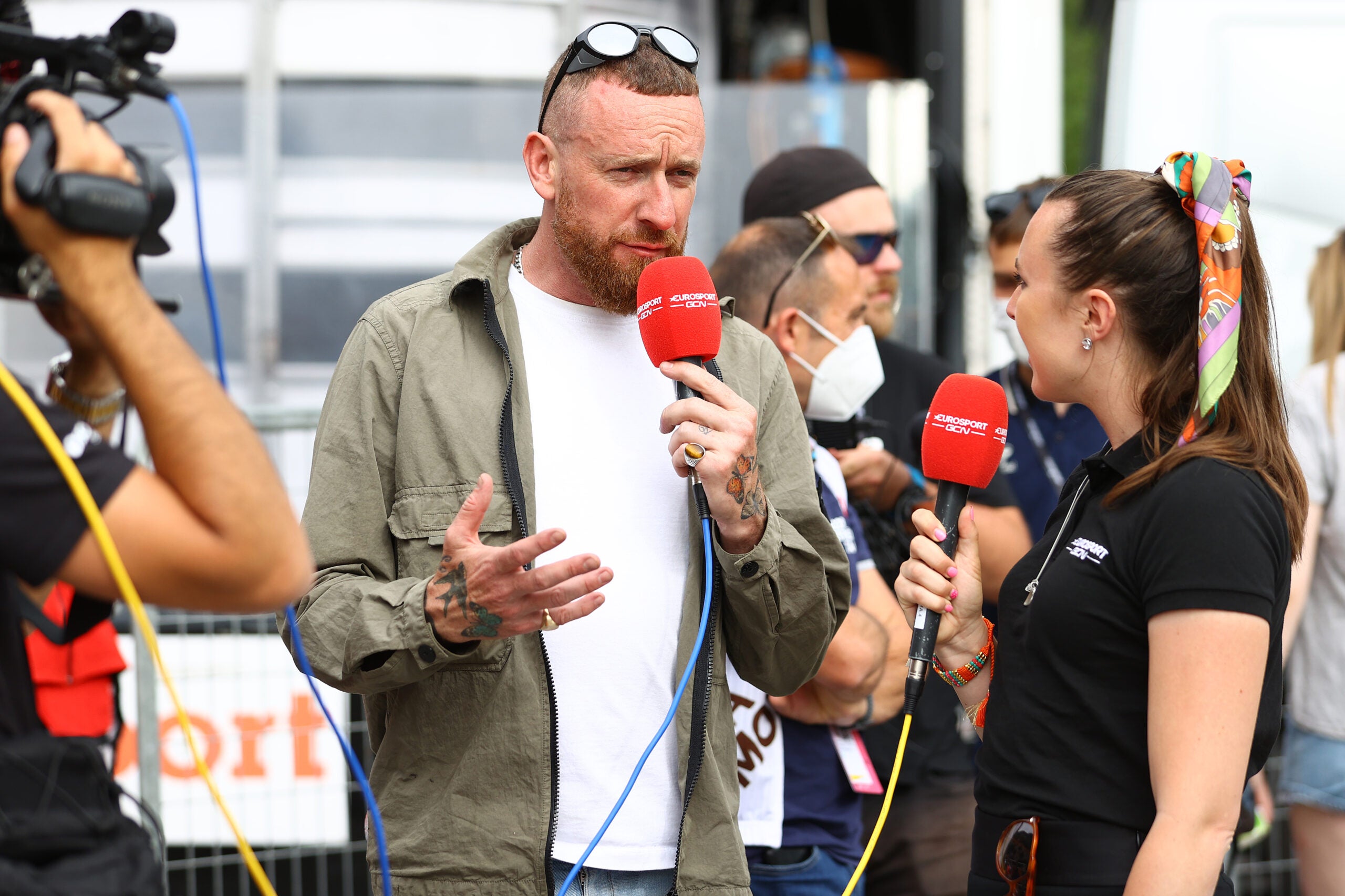 COGNE, ITALY - MAY 22: Sir Bradley Wiggins of United Kingdom Ex-Procyclist and TV commentator during the 105th Giro d'Italia 2022, Stage 15 a 177km stage from Rivarolo Canavese to Cogne 1622m / #Giro / #WorldTour / on May 22, 2022 in Cogne, Italy. (Photo by Michael Steele/Getty Images)