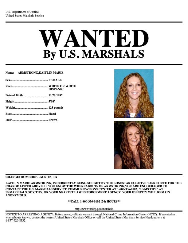 The wanted notice issued by U.S. Marshals in relation to the Moriah Wilson murder case.
