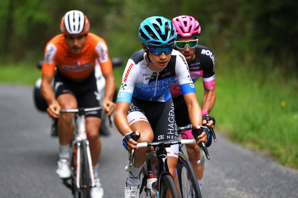 LÉLEX MONTS-JURA, FRANCE - JULY 31: Matthew Riccitello of United States and Team Hagens Berman-Axeon in the Breakaway during the 33rd Tour de l'Ain 2021, Stage 3 a 125km stage from Izernore to Lélex Monts-Jura 900m / @tourdelain / on July 31, 2021 in Lélex Monts-Jura, France. (Photo by Luc Claessen/Getty Images)