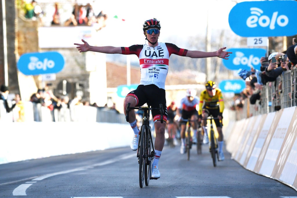 BELLANTE, ITALY - MARCH 10: Tadej Pogacar of Slovenia and UAE Team Emirates celebrates at finish line as stage winner during the 57th Tirreno-Adriatico 2022 - Stage 4 a 202km stage from Cascata delle Marmore to Bellante 345m / #TirrenoAdriatico / #WorldTour / on March 10, 2022 in Bellante, Italy. (Photo by Tim de Waele/Getty Images)