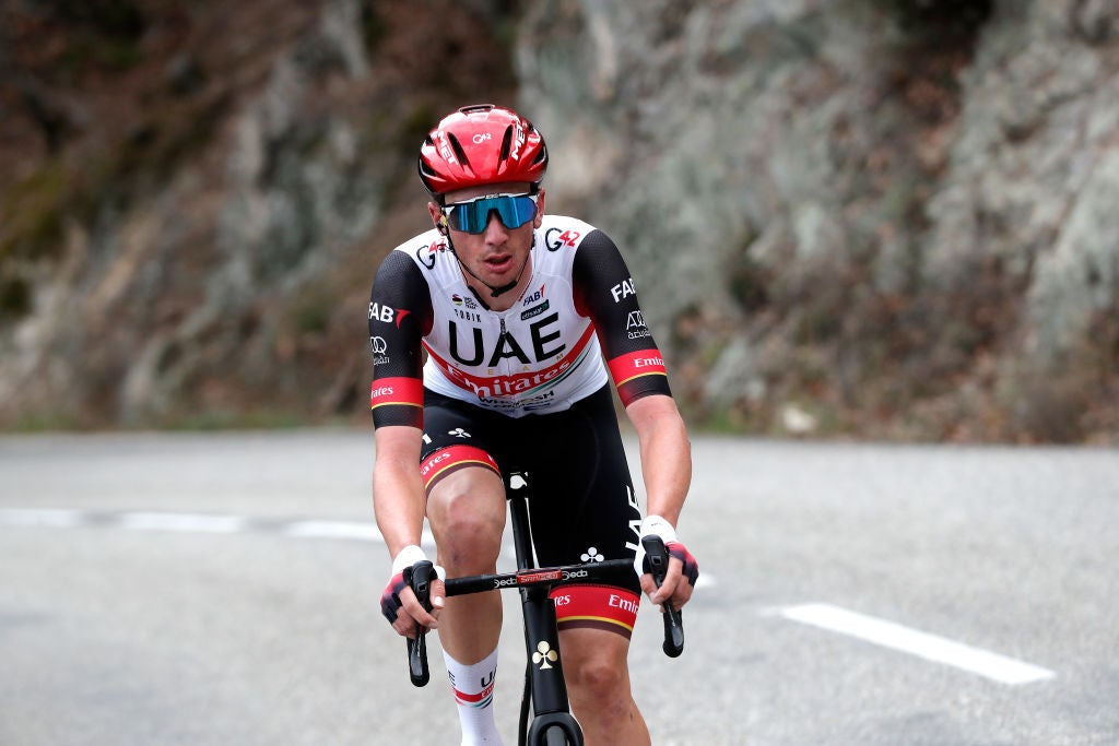 SAINT-SAUVEUR-DE-MONTAGUT, FRANCE - MARCH 10: Brandon Mcnulty of United States and UAE Team Emirates attacks to win during the 80th Paris - Nice 2022 - Stage 5 a 189km stage from Saint-Just-Saint-Rambert to Saint-Sauveur-de-Montagut on / #ParisNice / #WorldTour / March 10, 2022 in  Saint-Sauveur-de-Montagut, France. (Photo by Bas Czerwinski/Getty Images)